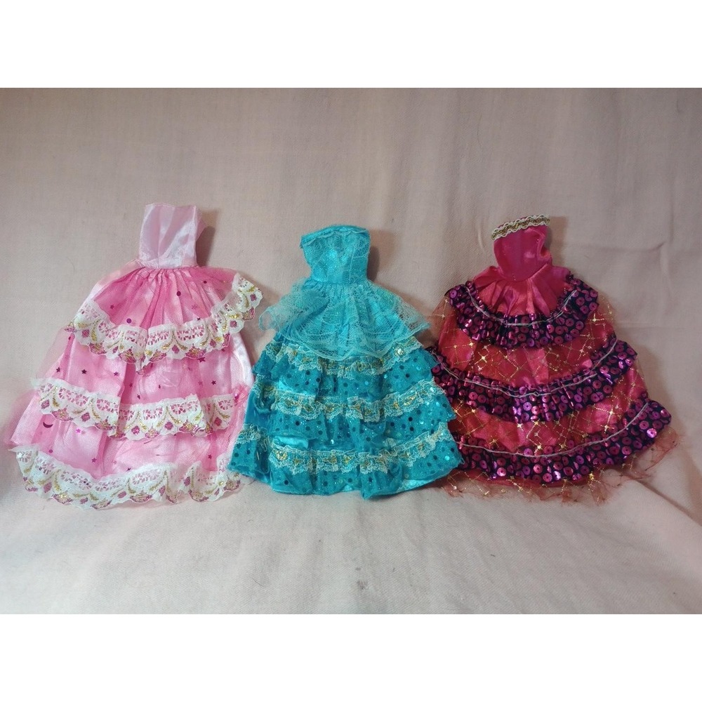 Lot 3 Barbie Size Doll Ball Gown Dresses Pink Aqua Fuchsia Sequin Lace Formal
